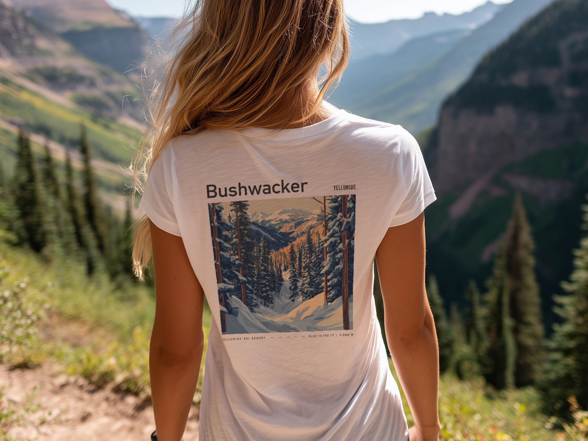 Bushwacker Ski T-Shirt | Telluride Mountain Art Tee — design printed on the back of the t-shirt