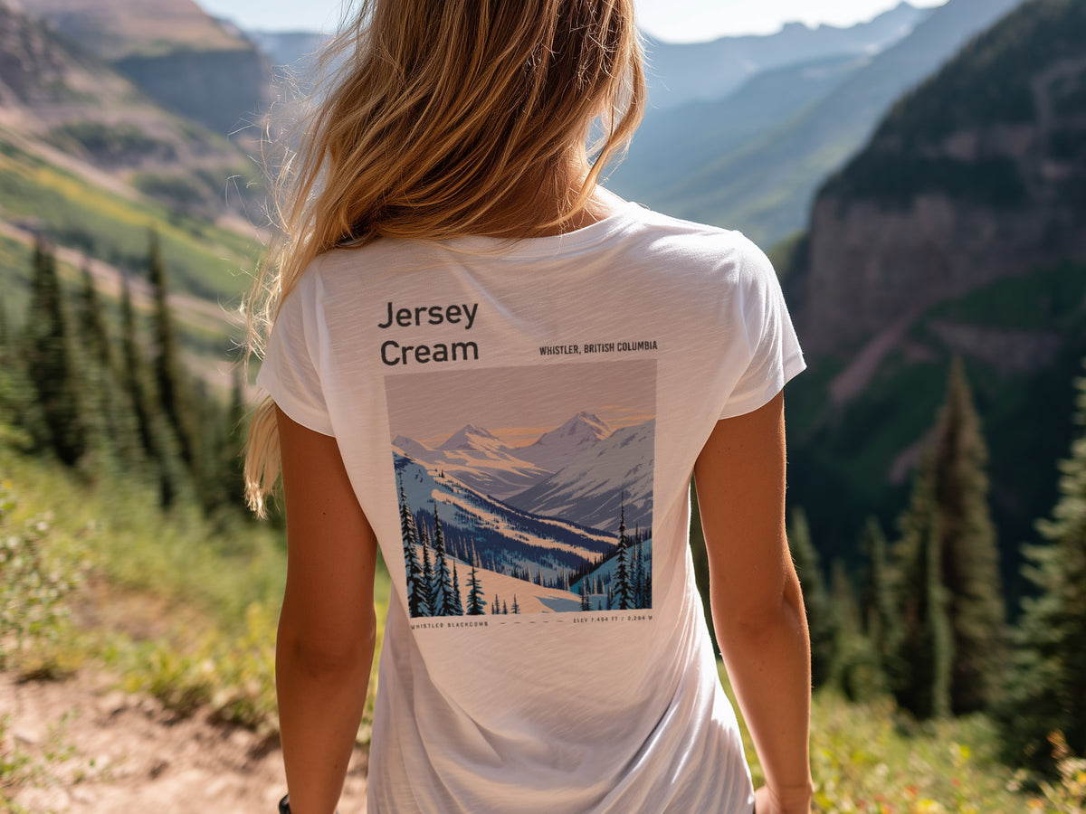 Jersey Cream Ski T-Shirt | Whistler Blackcomb Mountain Art Tee — design printed on the back of the t-shirt