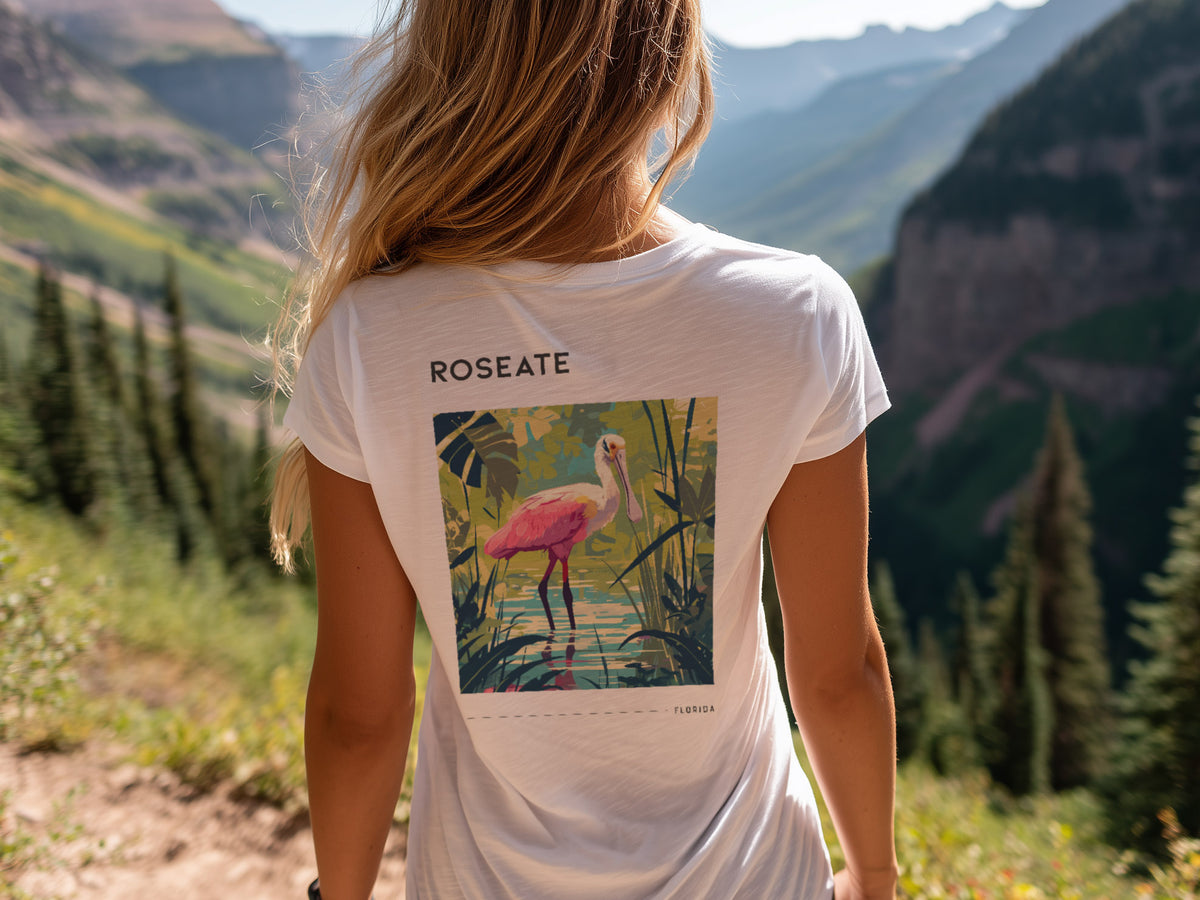 Florida Roseate Spoonbill Travel T-Shirt | Pink Wings, Wild Places — design printed on the back of the t-shirt