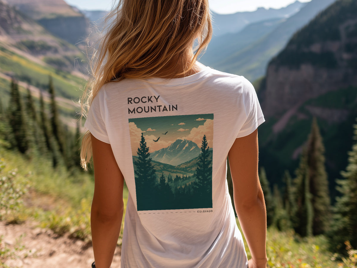 Rocky Mountain National Park Travel T-Shirt | Colorado Alpine Adventure Art Tee — design printed on the back of the t-shirt