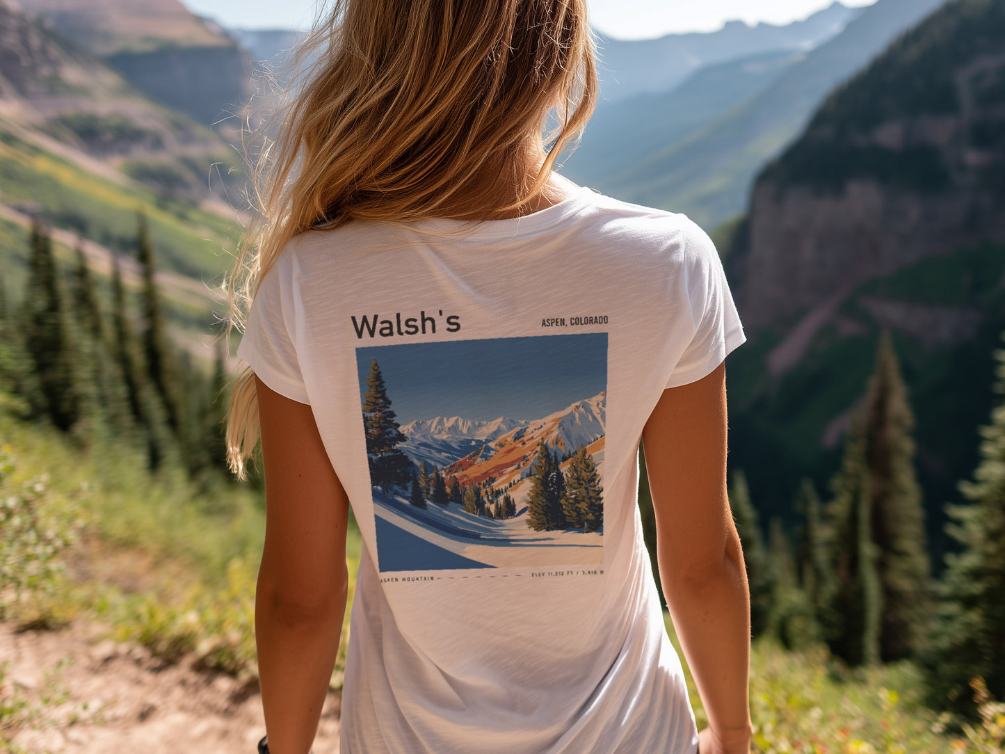 Walsh's Aspen Ski T-Shirt | Rocky Mountain Legend Art Tee — design printed on the back of the t-shirt
