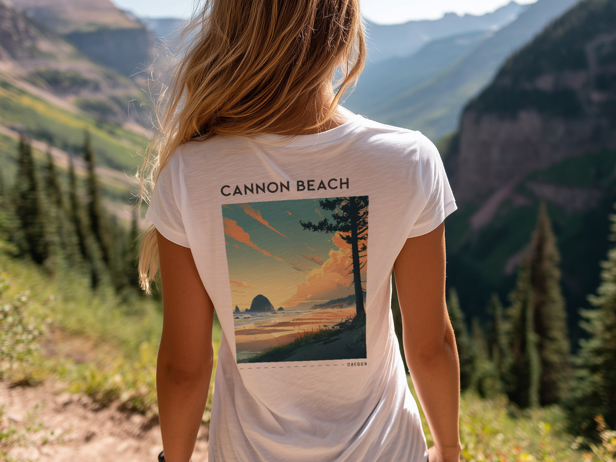 Cannon Beach Travel T-Shirt | Oregon Coast Iconic Haystack Rock — design printed on the back of the t-shirt