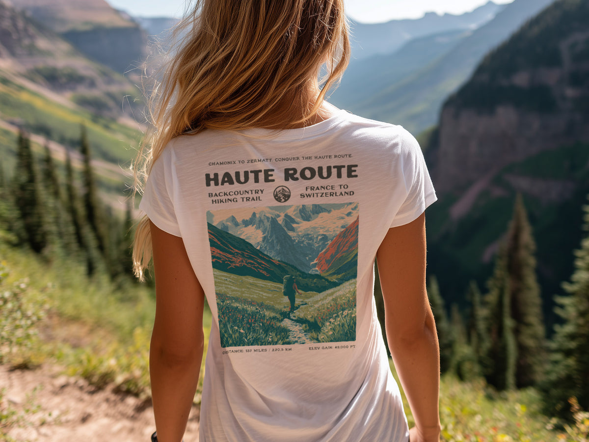 Walker's Haute Route Hiking T-Shirt | Hiker Gift | Alpine Epic Trail Tee — design printed on the back of the t-shirt