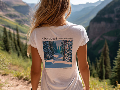 Shadows, Steamboat Ski T-Shirt | Rocky Mountain Powder Art Tee — design printed on the back of the t-shirt