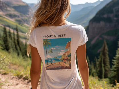 Front Street, Lahaina Travel T-Shirt | Old Maui Town Art Tee — design printed on the back of the t-shirt