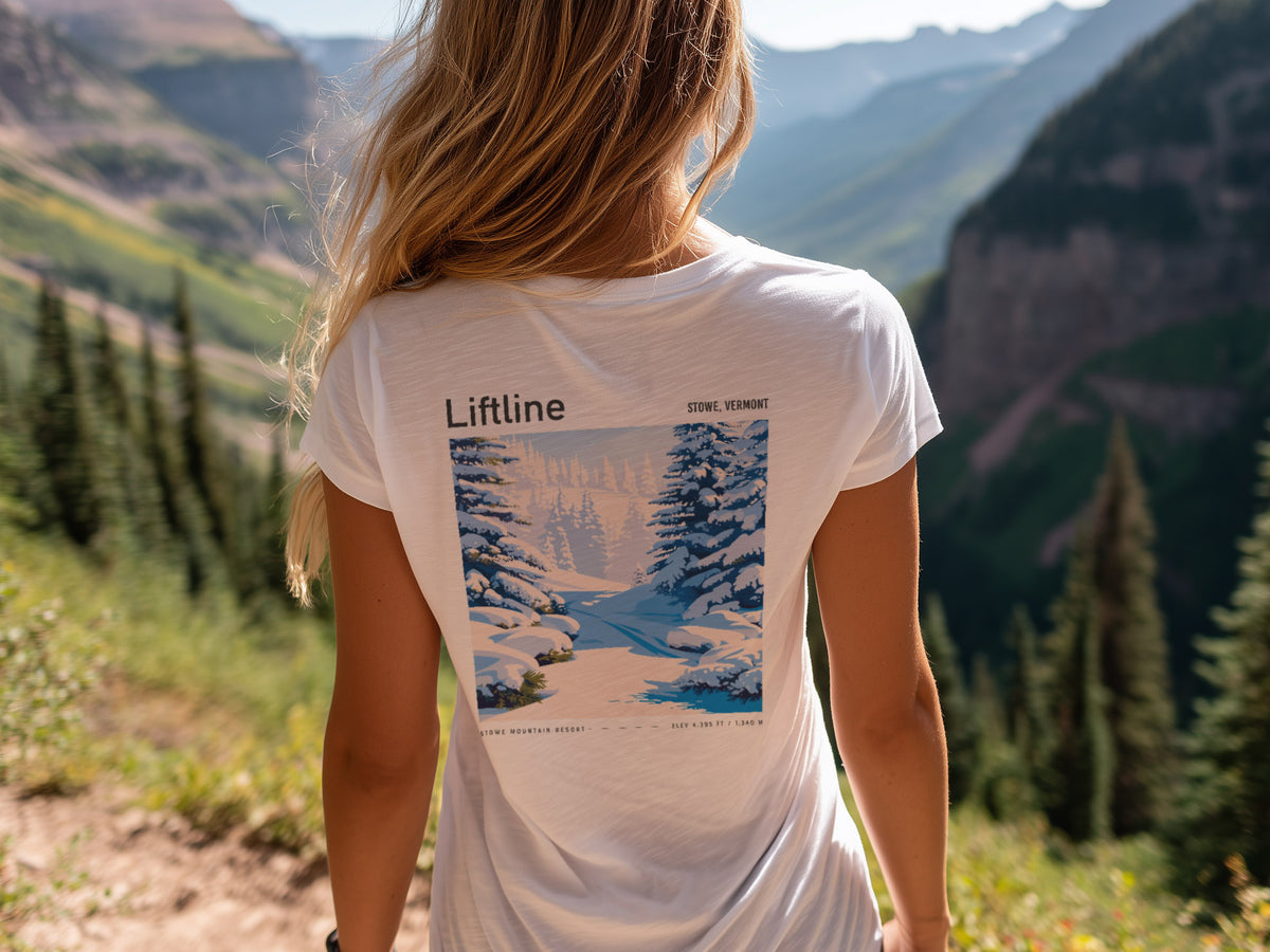 Liftline, Stowe Ski T-Shirt | Vermont Mountain Art Tee — design printed on the back of the t-shirt
