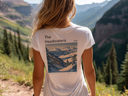 The Headwaters Ski T-Shirt | Big Sky Mountain Art Tee — design printed on the back of the t-shirt