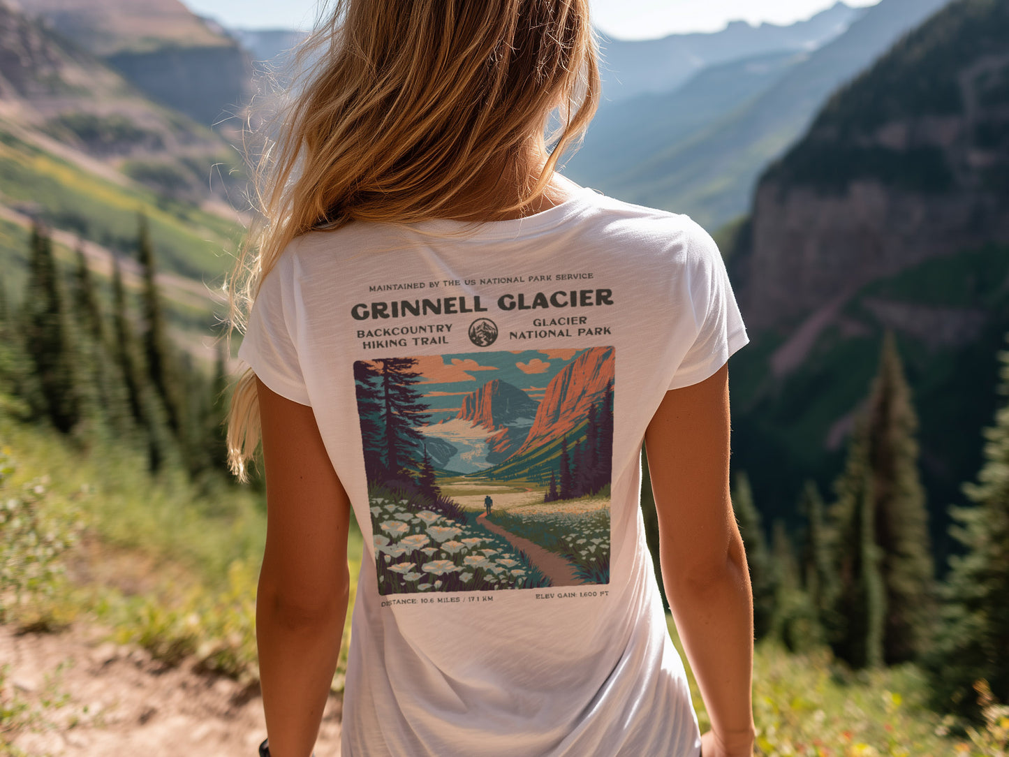 Grinnell Glacier Hiking T-Shirt | Hiker Gift | Glacier National Park Trail Tee — design printed on the back of the t-shirt