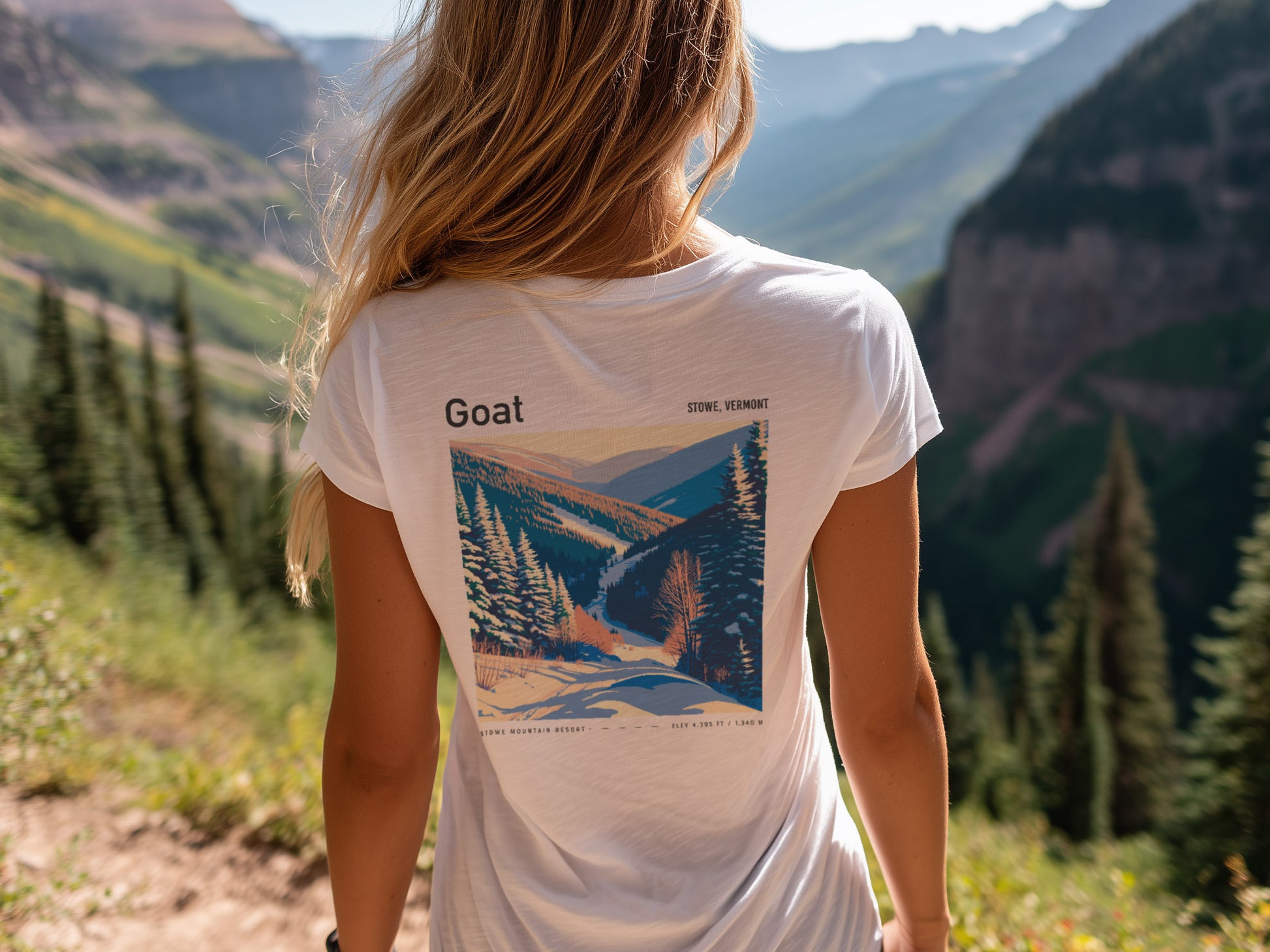 Goat, Stowe Ski T-Shirt | Vermont Mountain Art Tee — design printed on the back of the t-shirt