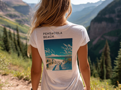 Pensacola Beach Travel T-Shirt | Gulf Coast Sun & Sand — design printed on the back of the t-shirt
