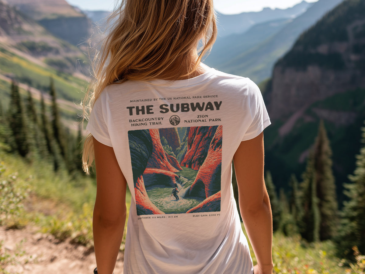 The Subway Hiking T-Shirt | Hiker Gift | Zion Canyon Trail Tee — design printed on the back of the t-shirt
