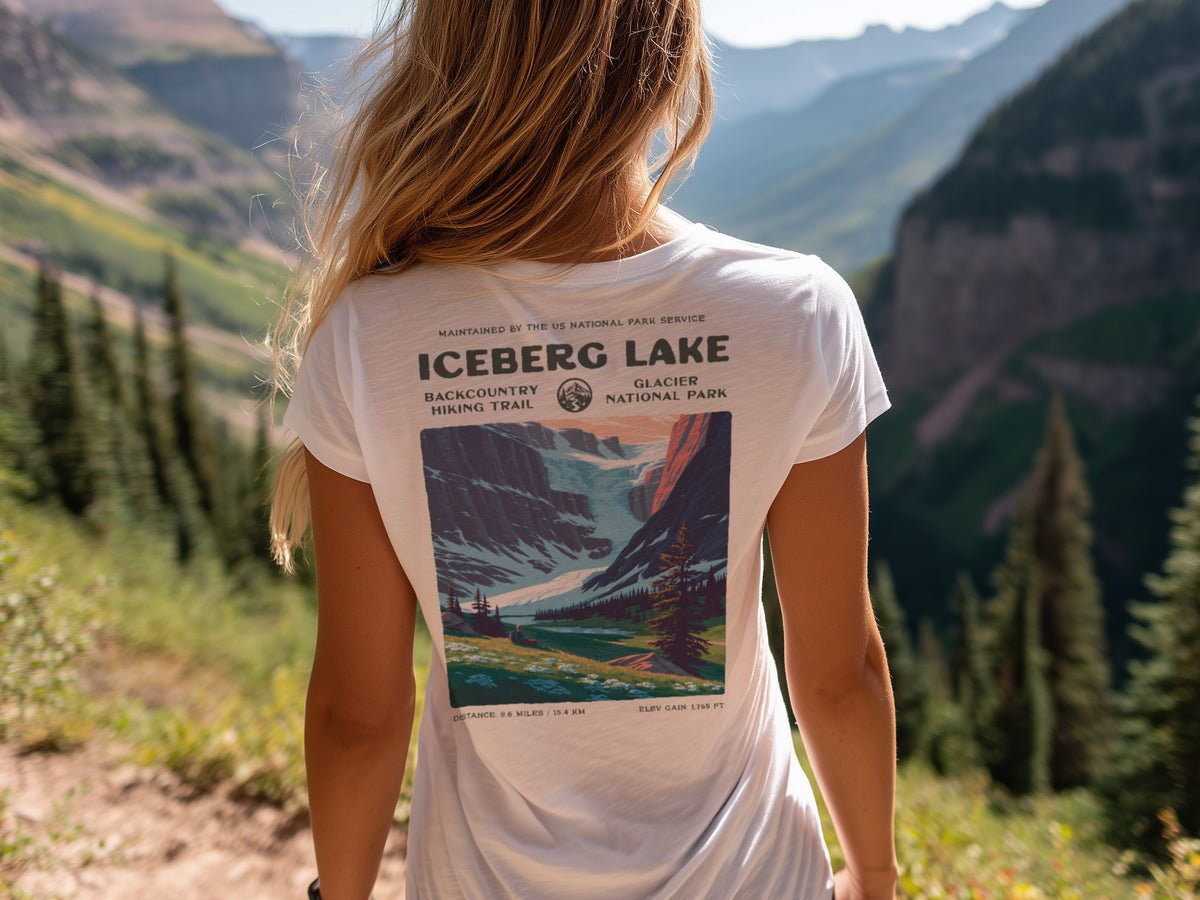 Iceberg Lake Hiking T-Shirt | Hiker Gift | Glacier National Park Tee — design printed on the back of the t-shirt
