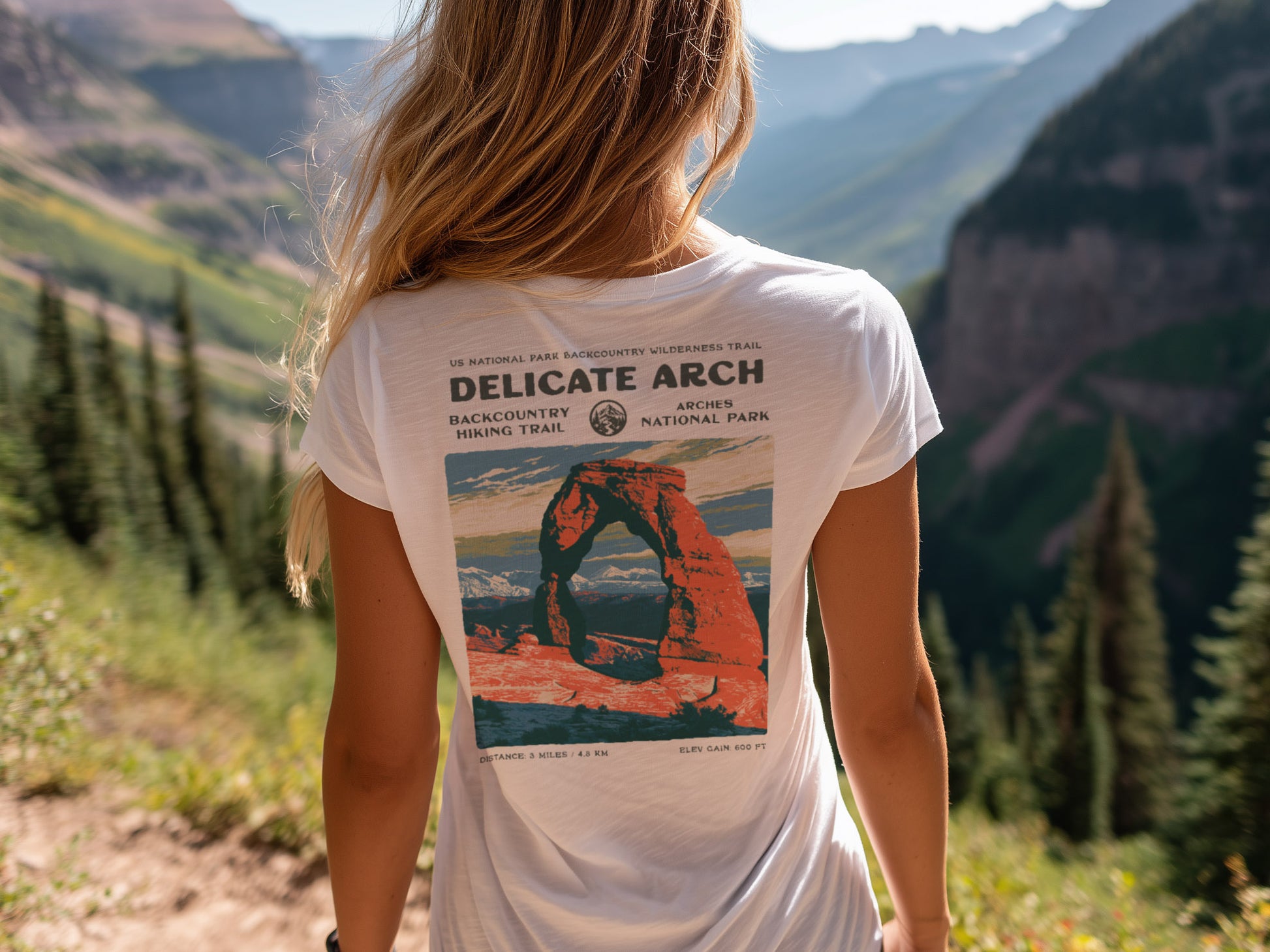 Delicate Arch Hiking T-Shirt | Hiker Gift | Red Rock Trail Tee — design printed on the back of the t-shirt
