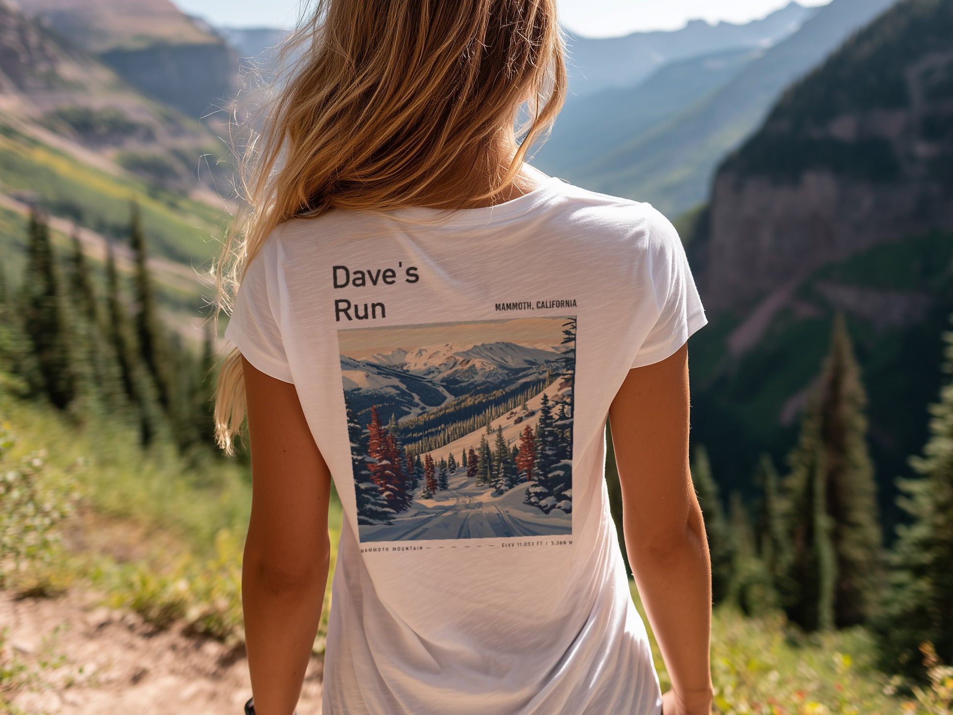 Dave's Run Ski T-Shirt | Mammoth Mountain Art Tee — design printed on the back of the t-shirt