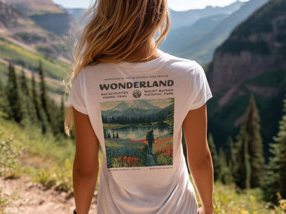 Wonderland Trail Hiking T-Shirt | Hiker Gift | Around Rainier Trail Tee — design printed on the back of the t-shirt