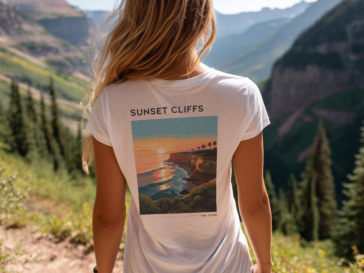 Sunset Cliffs Travel T-Shirt | San Diego Coastal Art Tee — design printed on the back of the t-shirt