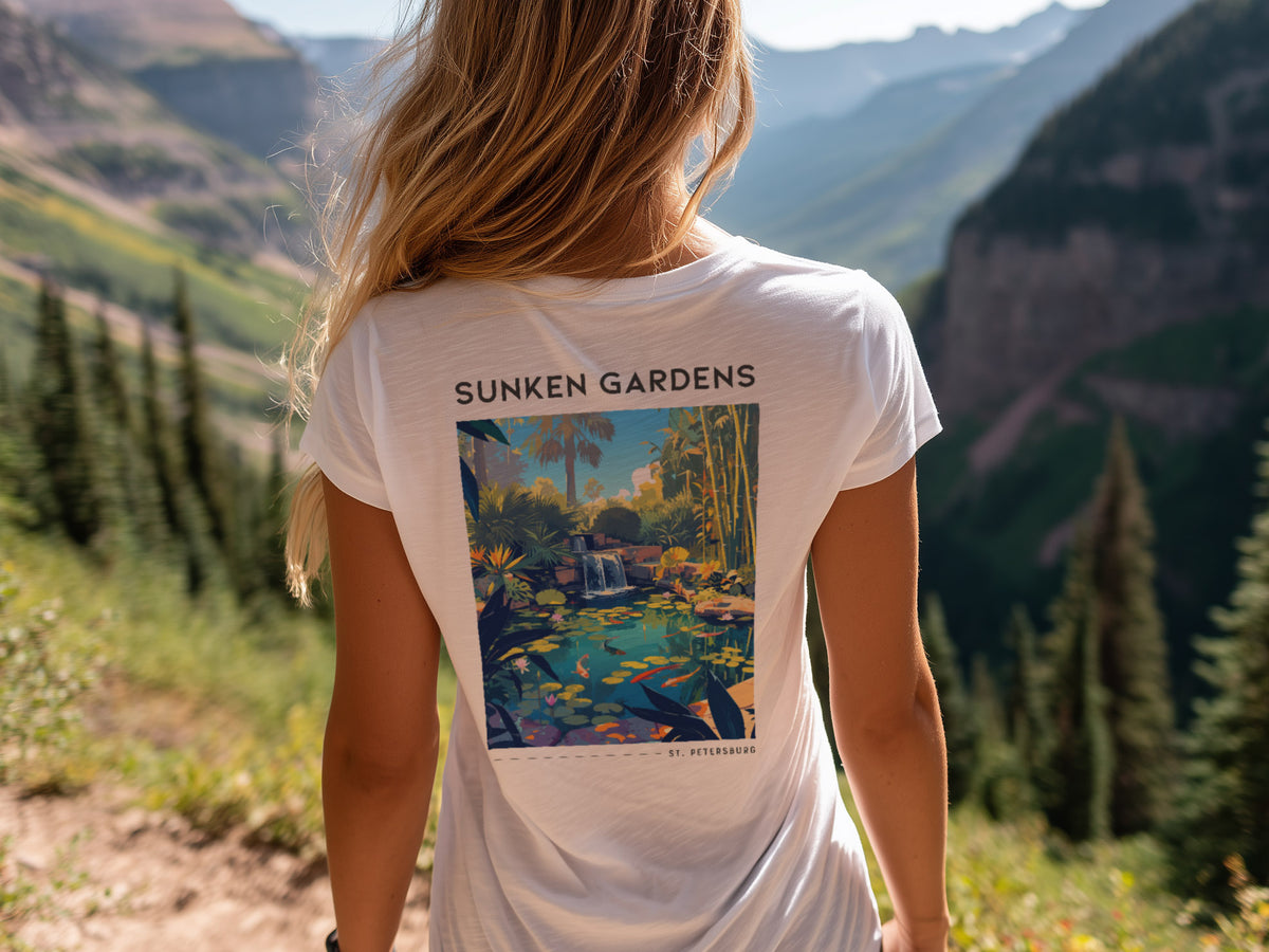 Sunken Gardens Travel T-Shirt | Tropical St. Petersburg Garden Art — design printed on the back of the t-shirt