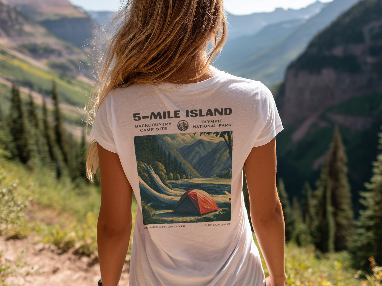 5-Mile Island Hiking T-Shirt | Hiker Gift | Olympic Peninsula Trail Tee — design printed on the back of the t-shirt