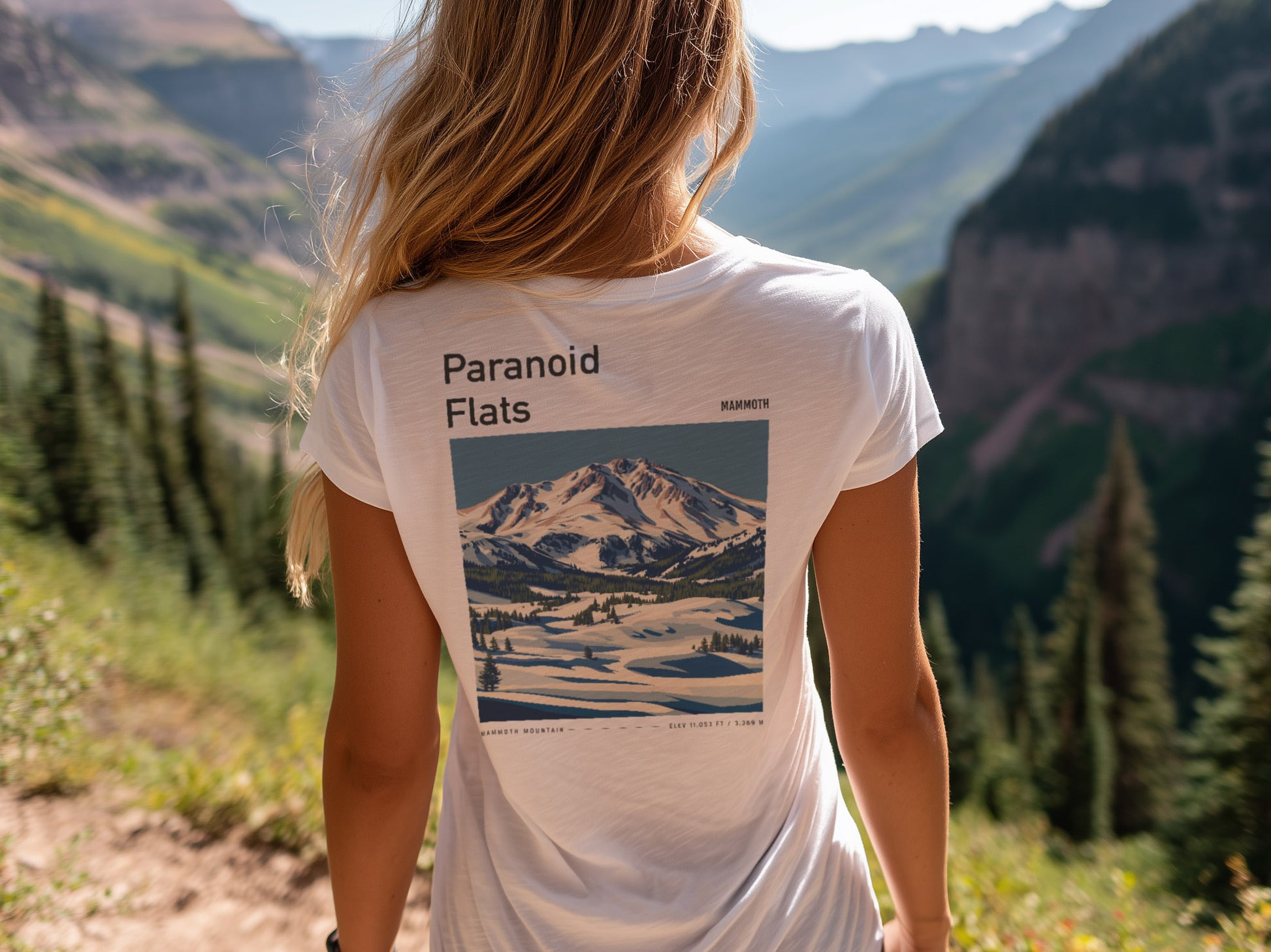 Paranoid Flats Ski T-Shirt | Mammoth Mountain Art Tee — design printed on the back of the t-shirt