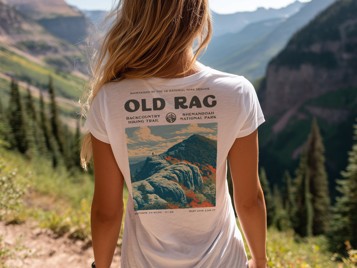 Old Rag Hiking T-Shirt | Hiker Gift | Shenandoah Trail Tee — design printed on the back of the t-shirt