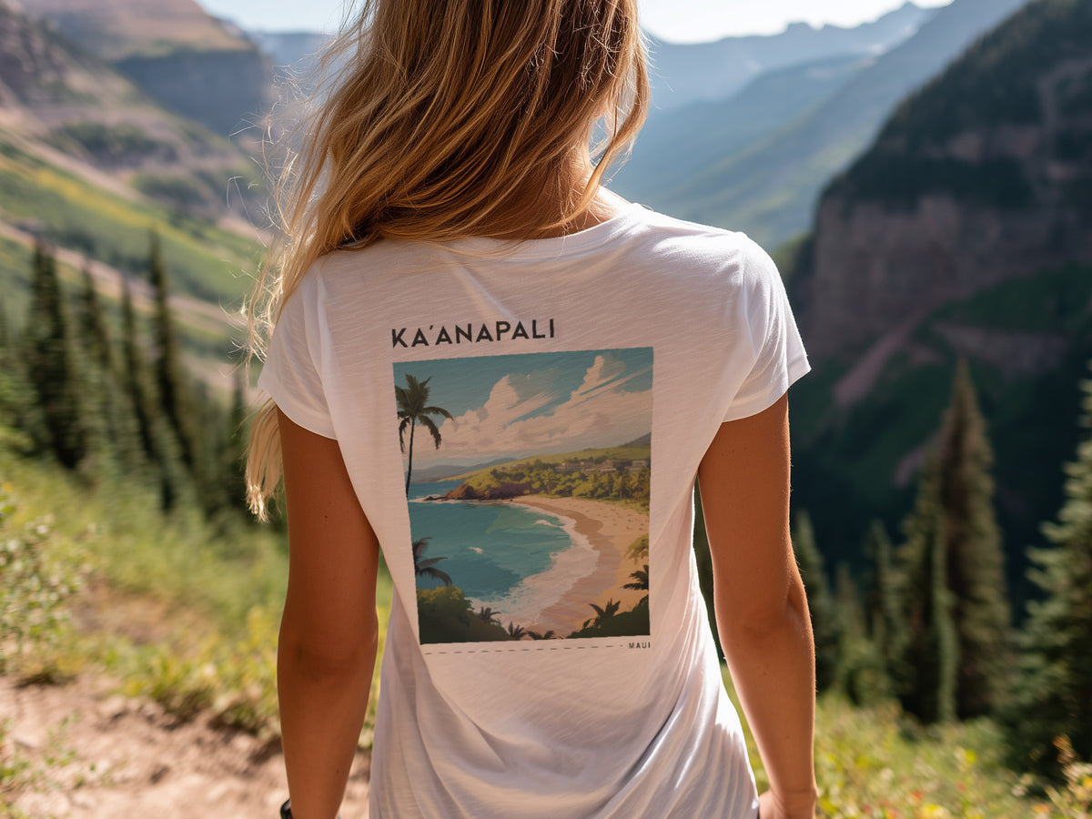 Ka'anapali, Maui Travel T-Shirt | Golden Shore Aloha Art Tee — design printed on the back of the t-shirt