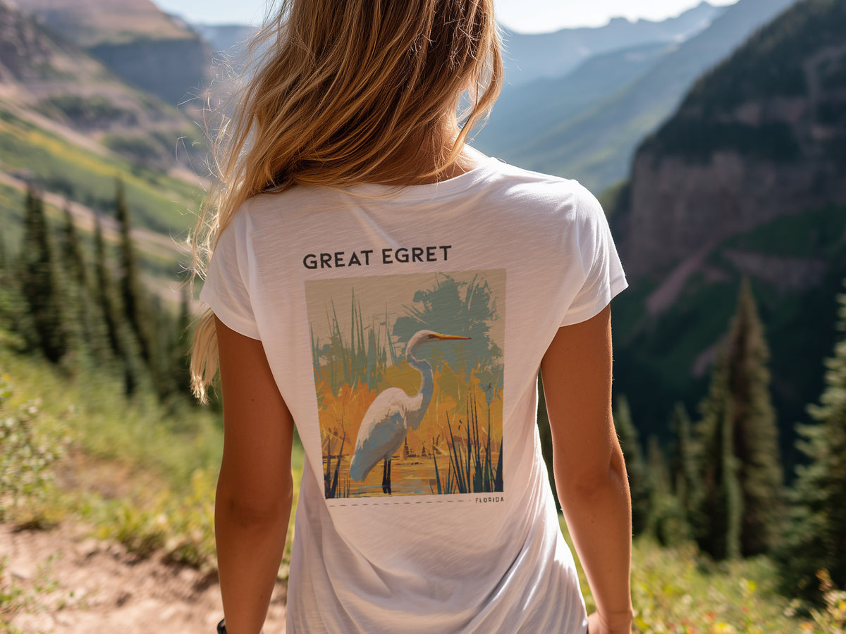 Florida Great Egret Travel T-Shirt | Coastal Wildlife Art Tee — design printed on the back of the t-shirt
