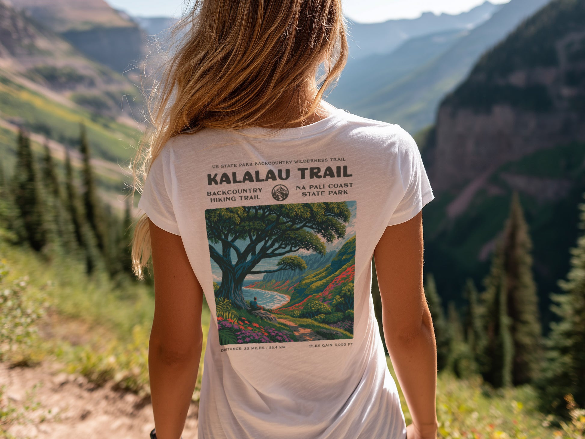 Kalalau Trail Hiking T-Shirt | Hiker Gift | Na Pali Coast Tee — design printed on the back of the t-shirt