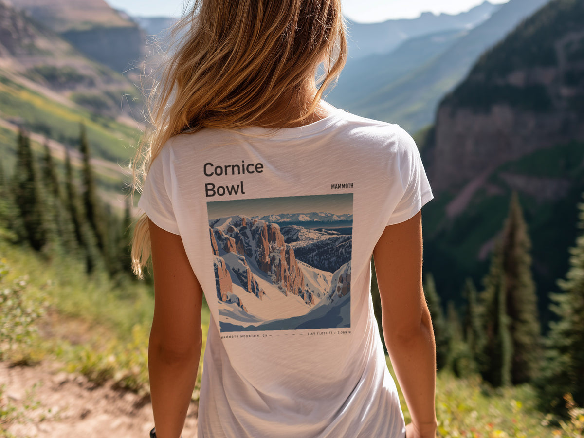 Cornice Bowl Ski T-Shirt | Mammoth Mountain Art Tee — design printed on the back of the t-shirt