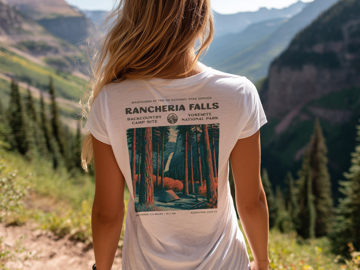 Rancheria Falls Hiking T-Shirt | Hiker Gift | Yosemite Backcountry Trail Tee — design printed on the back of the t-shirt