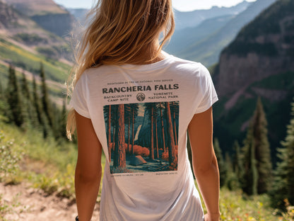Rancheria Falls Hiking T-Shirt | Hiker Gift | Yosemite Backcountry Trail Tee — design printed on the back of the t-shirt