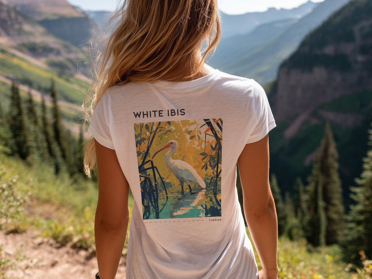 White Ibis Florida Travel T-Shirt | Coastal Bird Art Tee — design printed on the back of the t-shirt