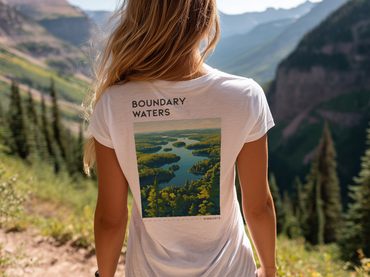 Boundary Waters Travel T-Shirt | Minnesota Wilderness Canoe Country Art — design printed on the back of the t-shirt