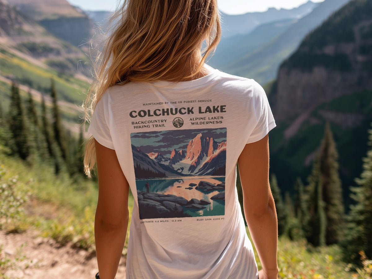Colchuck Lake Hiking T-Shirt | Hiker Gift | Alpine Lakes Wilderness Tee — design printed on the back of the t-shirt