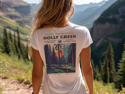 Holly Creek Backcountry Site Hiking T-Shirt | Camper Gift | Glacier Wilderness Trail Tee — design printed on the back of the