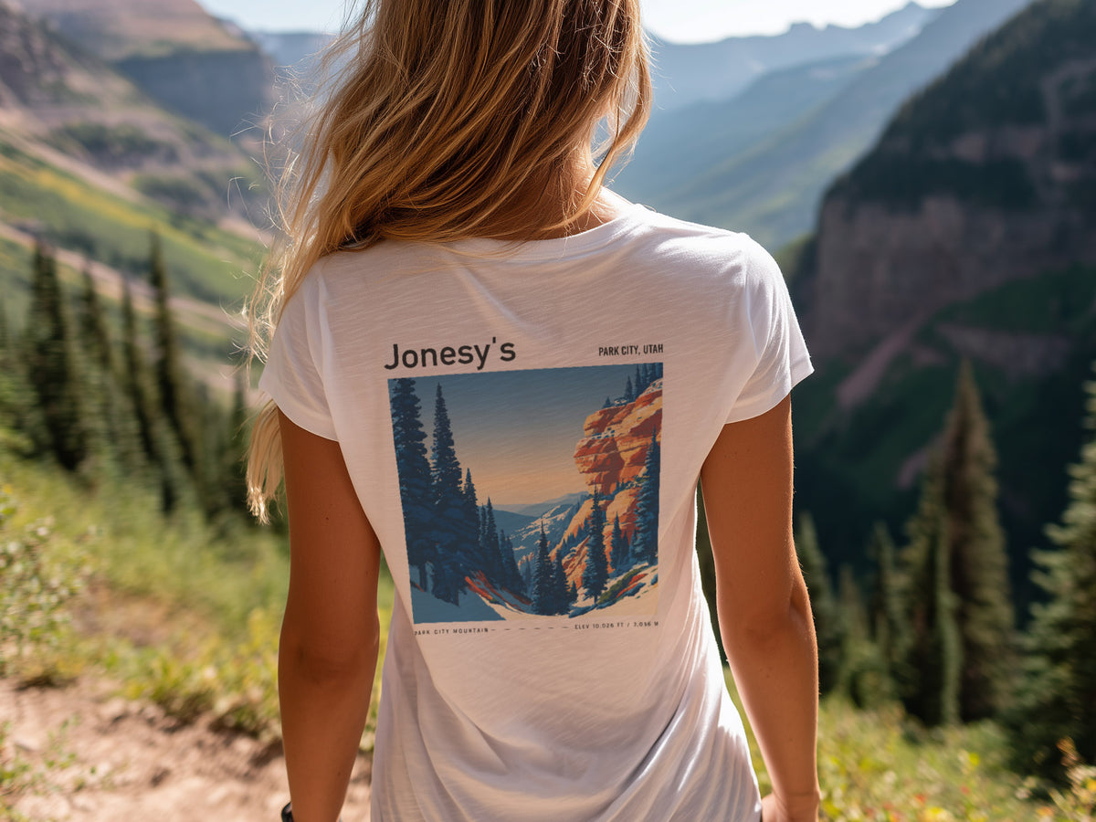 Jonesy's Park City Ski T-Shirt | Utah Mountain Run Art Tee — design printed on the back of the t-shirt