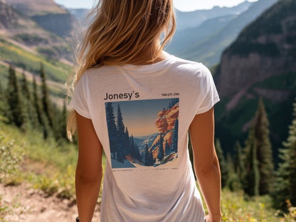 Jonesy's Park City Ski T-Shirt | Utah Mountain Run Art Tee — design printed on the back of the t-shirt