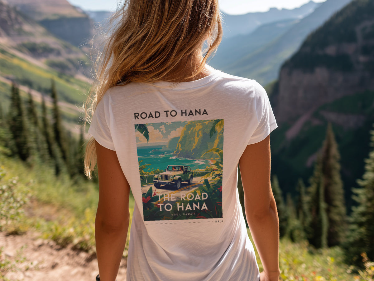Road to Hana Travel T-Shirt | Maui Rainforest Drive Art Tee — design printed on the back of the t-shirt