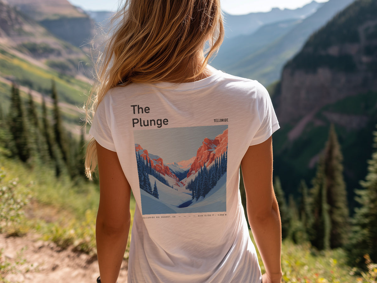 The Plunge Ski T-Shirt | Telluride Mountain Art Tee — design printed on the back of the t-shirt