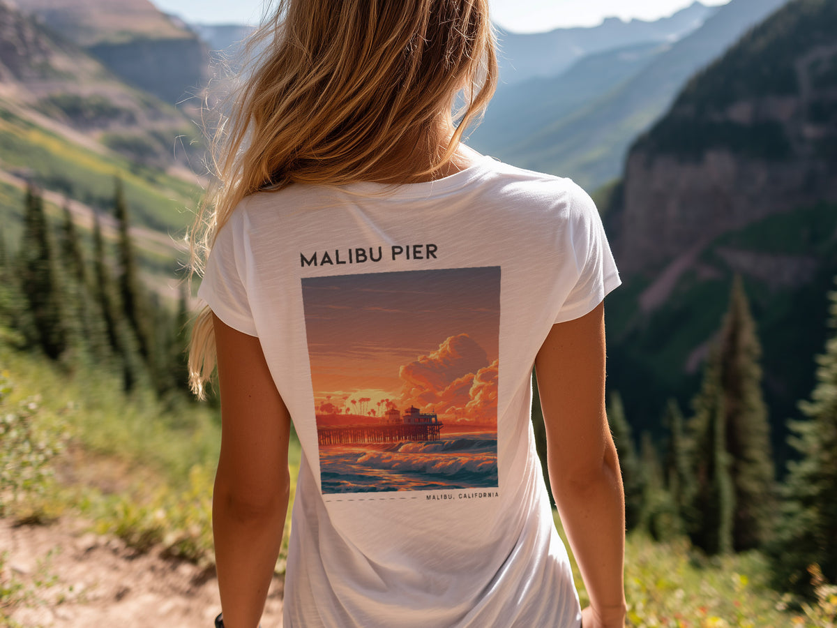 Malibu Pier Travel T-Shirt | Sun-Soaked California Coast Tee — design printed on the back of the t-shirt