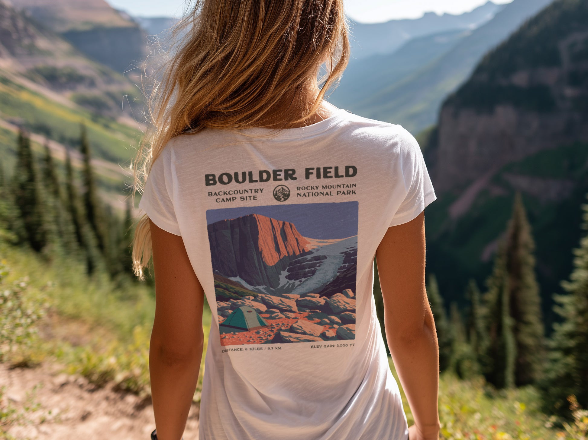 Boulder Field Hiking T-Shirt | Hiker Gift | Rocky Mountain Trail Tee — design printed on the back of the t-shirt