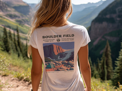 Boulder Field Hiking T-Shirt | Hiker Gift | Rocky Mountain Trail Tee — design printed on the back of the t-shirt