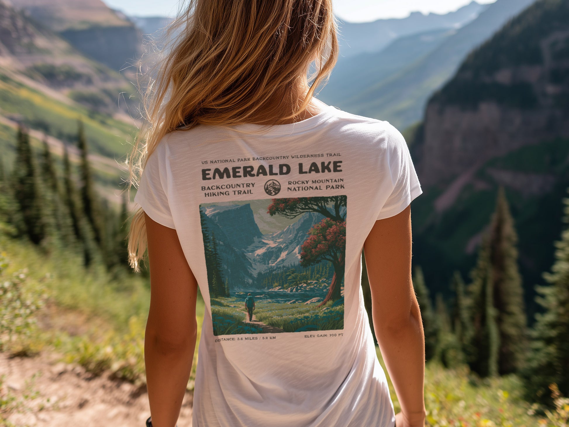 Emerald Lake Hiking T-Shirt | Hiker Gift | Rocky Mountain Trail Tee — design printed on the back of the t-shirt