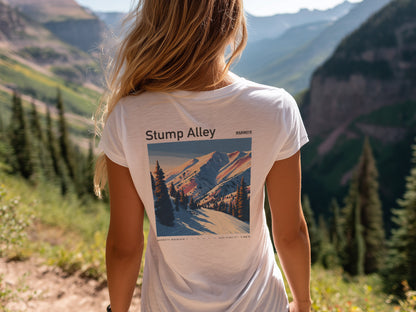 Stump Alley Ski T-Shirt | Mammoth Mountain Art Tee — design printed on the back of the t-shirt