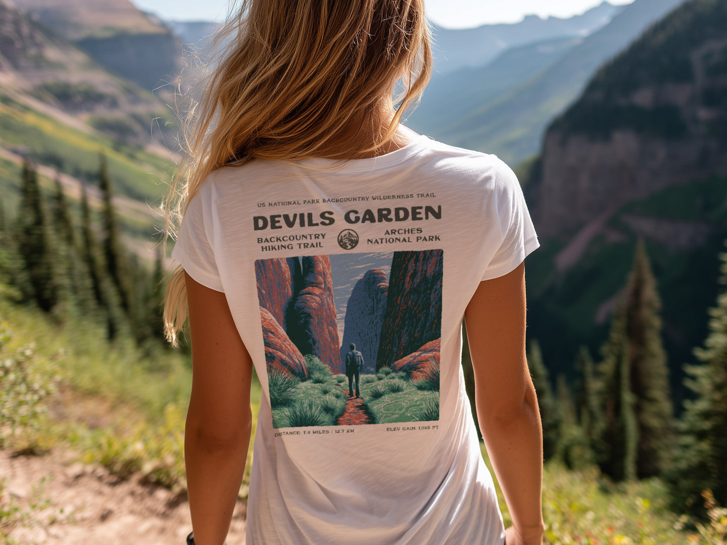 Devils Garden Hiking T-Shirt | Hiker Gift | Arches National Park Tee — design printed on the back of the t-shirt