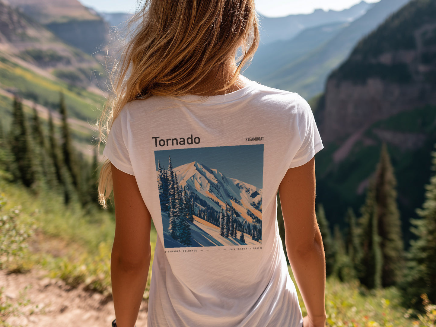Tornado Steamboat Ski T-Shirt | Steamboat Springs Mountain Art Tee — design printed on the back of the t-shirt