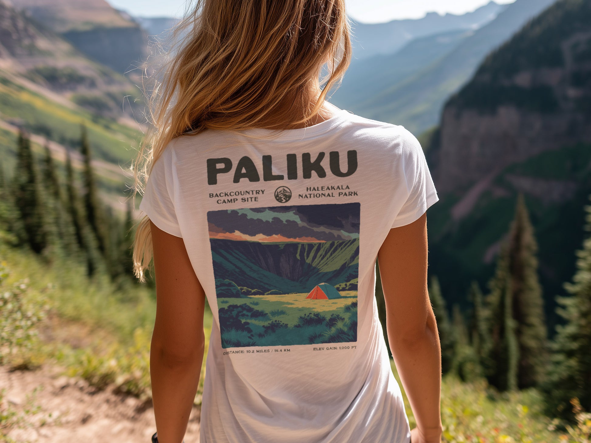 Paliku Hiking T-Shirt | Hiker Gift | Haleakala Backcountry Tee — design printed on the back of the t-shirt
