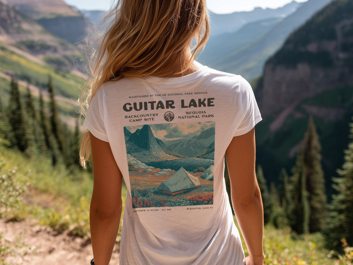 Guitar Lake Hiking T-Shirt | Backpacker Gift | High Sierra Wilderness Tee — design printed on the back of the t-shirt