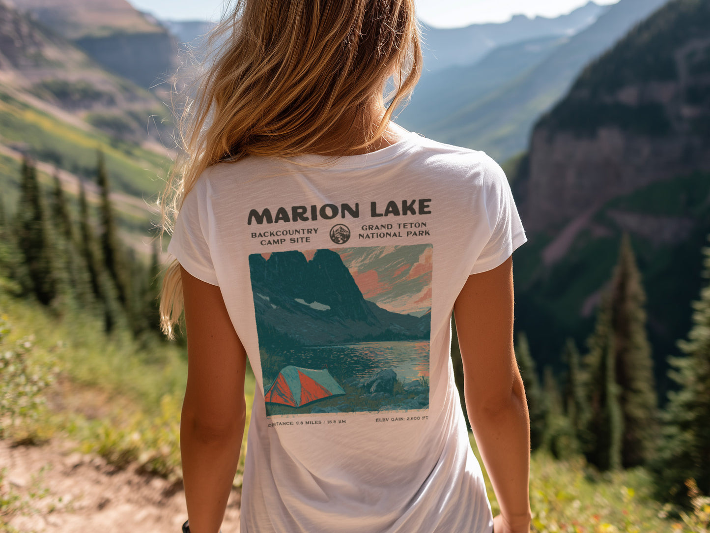Marion Lake Hiking T-Shirt | Hiker Gift | Teton Backcountry Trail Tee — design printed on the back of the t-shirt
