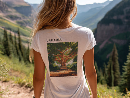 Lahaina, Maui Travel T-Shirt | Old Town Aloha Spirit Tee — design printed on the back of the t-shirt