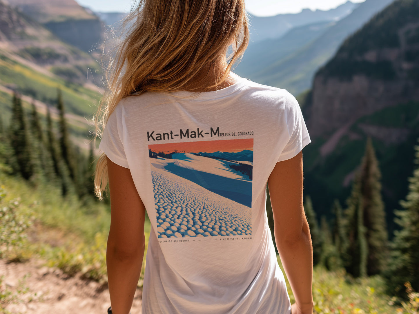 Kant-Mak-M Ski T-Shirt | Telluride Mountain Art Tee — design printed on the back of the t-shirt